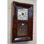 A 19TH CENTURY FLAME MAHOGANY RECTANGULAR AMERICAN WALL CLOCK, width 39cm x height 66cm