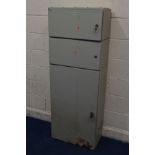 A METAL THREE DOOR LOCKER, width 60cm x depth 32cm x height 162cm (rusted to bottom door) (two