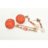 A SELECTION OF ITEMS, to include a pair of 9ct gold earrings, each set with a carved coral panel