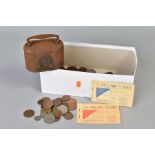 A SHOE BOX OF MIXED COINS with a Birmingham municipal money bank