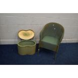 A LLOYD LOOM GREEN PAINTED BEDROOM BASKET CHAIR, together with a kidney dressing stool with detached