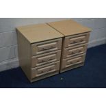 A PAIR OF MODERN BEECH FINISH THREE DRAWER BEDSIDE CABINETS