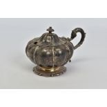 A GEORGE IV SILVER COVERED MUSTARD OF LOBED MELON FORM, foliate 'S' scroll handle, wavy circular