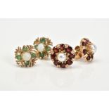 TWO PAIRS OF GEM SET EARRINGS, to include a pair of 9ct gold cluster earrings each set with an