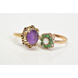 TWO 9CT GOLD GEM SET RINGS, the first of cluster design set with a central opal with a circular