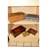 A WALNUT AND INLAID TRINKET BOX, a micro mosaic trinket box, a small musical box, a late 19th/