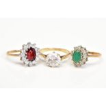 THREE 9CT GOLD GEM SET RINGS, the first designed as a cluster set with a central oval cut green