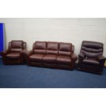 A BURGUNDY LEATHER TWO PIECE LOUNGE SUITE, comprising a three seater electric reclining settee (