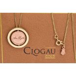 THREE ITEMS OF CLOGAU JEWELLERY to include a rose and yellow gold pendant, circular with a central