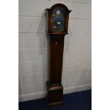 A LATE 20TH CENTURY OAK GRANDDAUGHTER CLOCK, with a 6'' brass and silvered tempus fugit dial, height