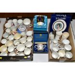 TWO BOXES AND LOOSE OF ROYAL COMMEMORATIVE CERAMICS, including boxed Royal Doulton loving cup,
