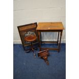 AN EARLY TO MID 20TH CENTURY OAK BARLEY TWIST OCCASIONAL TABLE, together with a mahogany scrolled