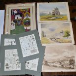 A SMALL QUANTITY OF 19TH AND 20TH CENTURY WATERCOLOURS AND PRINTS, including a set of five