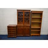 A MODERN YEWWOOD GLAZED DOUBLE DOOR BOOKCASE with two drawers, width 92cm x depth 32cm x height