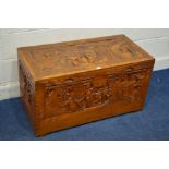 A CARVED CAMPHORWOOD BLANKET CHEST, width 97cm x depth 47cm x height 53cm