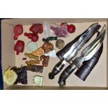 A BOX OF ORIENTAL HARDSTONE CARVINGS, RESIN SNUFF BOTTLES ETC, including two Indian style daggers, a