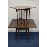 A SMALL EDWARDIAN MAHOGANY DROP LEAF TABLE on a turned cylindrical legs/stretchers, together with