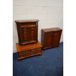 A MODERN MAHOGANY TWO DOOR HALL CABINET with two drawers, together with a mahogany tv cabinet and