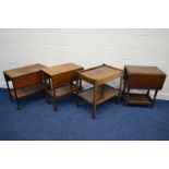 A REPRODUCTION OAK DROP LEAF TEA TROLLEY together with another oak tea trolley, an oak trolley