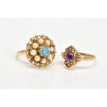 TWO 9CT GOLD GEM SET RINGS, the first of cluster design set with a central circular blue stone