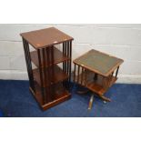 A MODERN MAHOGANY THREE TIER REVOLVING BOOKCASE on casters together with a mahogany leather topped