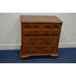 A REPRODUCTION WALNUT AND BURR WALNUT CHEST OF TWO SHORT OVER THREE LONG DRAWER, with brass swan