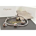 A CLOGAU SILVER CHARM BRACELET TOGETHER WITH THREE CLOGAU SILVER BEAD CHARMS to include cubic