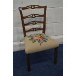 A GEORGIAN MAHOGANY LADDERBACK CHILDS CHAIR with needlework seat