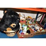 FOUR BOXES AND A BASKET OF MISCELLANEOUS CERAMICS, SOFT TOYS, etc, including novelty tea pots,