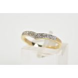 A 9CT GOLD DIAMOND WISHBONE RING, set with single cut diamonds, to the plain polished band, with a