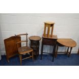 A SMALL EARLY 20TH CENTURY OAK OVAL TOPPED DROP LEAF TABLE, together with an oak sewing box on a