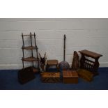 A QUANTITY OF OCCASIONAL FURNITURE, to include an oak cantilever sewing box, two desk organiser,