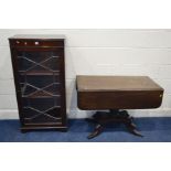 A REGENCY MAHOGANY RECTANGULAR PEMBROKE TABLE, single frieze drawer, on a cylindrycal and tulip