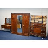 AN EDWARDIAN MAHOGANY, SATINWOOD BANDED AND STRUNG THREE PIECE BEDROOM SUITE, comprising a triple