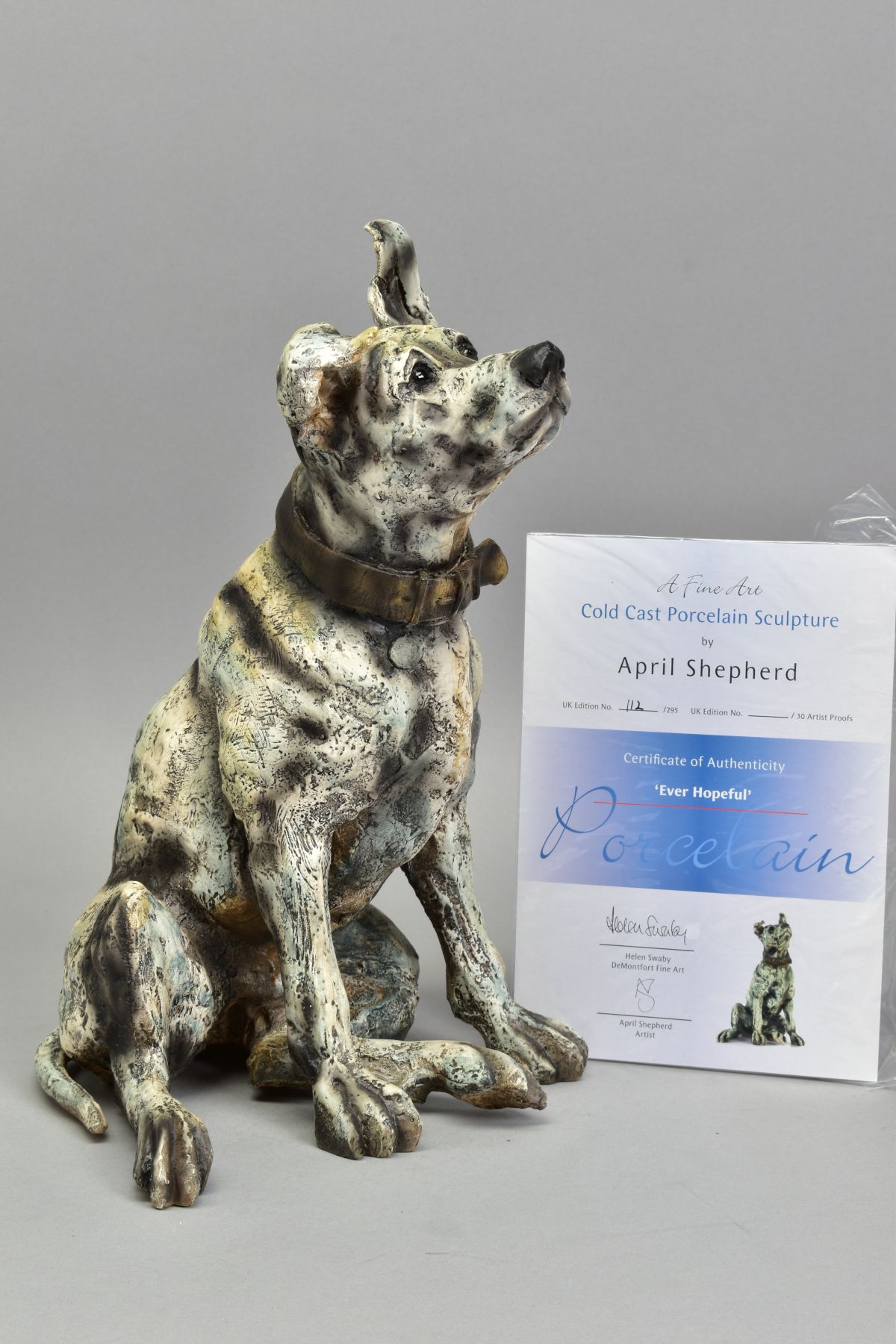 APRIL SHEPHERD (BRITISH CONTEMPORARY) 'EVER HOPEFUL', a limited edition cold case sculpture of a Dog