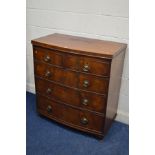 A GEORGIAN MAHOGANY BOWFRONT CHEST OF TWO SHORT OVER THREE LONG DRAWERS, on later cabriole legs,