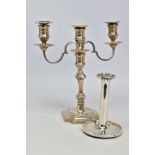 AN ELIZABETH II SILVER THREE BRANCH CANDELABRUM IN GEORGE II STYLE, detachable sconces and removable