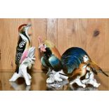 THREE KARL ENS PORCELAIN BIRD FIGURES, comprising a cockerel, height 18cm, a pair of garden birds on