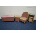 THREE LLOYD LOOM PINK PAINTED BEDROOM FURNITURE, to include an ottoman, bedroom chair and kidney