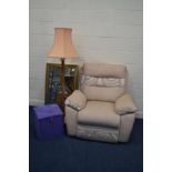 A MODERN UPHOLSTERED LATCH RECLINER, together with a gilt framed bevelled edge mirror, octagonal