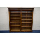 A 20TH CENTURY OAK AND POLLARD OAK DOUBLE OPEN BOOKCASE, with five adjustable shelves, width 217cm x