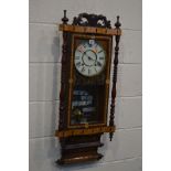 A 19TH CENTURY ROSEWOOD AND GEOMETRIC INLAID WALL CLOCK, enamel dial with brass bezel, roman