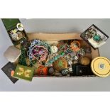 A BOX OF ITEMS, to include various costume jewellery, such as quartz beaded necklaces, brooches, a