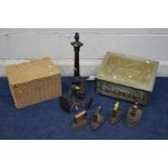 A COPPER SLIPPER BOX, together with a metal column table lamp, four vintage irons, triple shoe last,