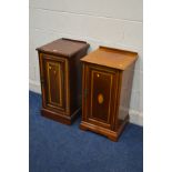 AN EDWARDIAN MAHOGANY AND SATINWOOD BANDED POT CUPBOARD together with another similar pot