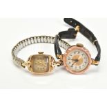 TWO LADIES WRISTWATCHES, the first with a cream dial, Arabic numerals, with a 9ct gold case,
