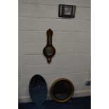 A REPRODUCTION MAHOGANY AND INLAID ANEROID BAROMETER, an oak barometer, a circular gilt wall