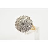 A 9CT GOLD DIAMOND CLUSTER RING, the tiered cluster ring set with single cut diamonds, to the