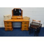 A MODERN PINE DRESSING TABLE with six drawers and swan neck handles with a matching single drawer