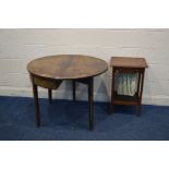 A GEORGIAN MAHOGANY DEMI LUNE SINGLE DROP LEAF TABLE, together with a Georgian mahogany work table